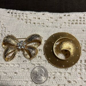 Two Vintage Elegant Gold-Tone Brooches with Rhinestones